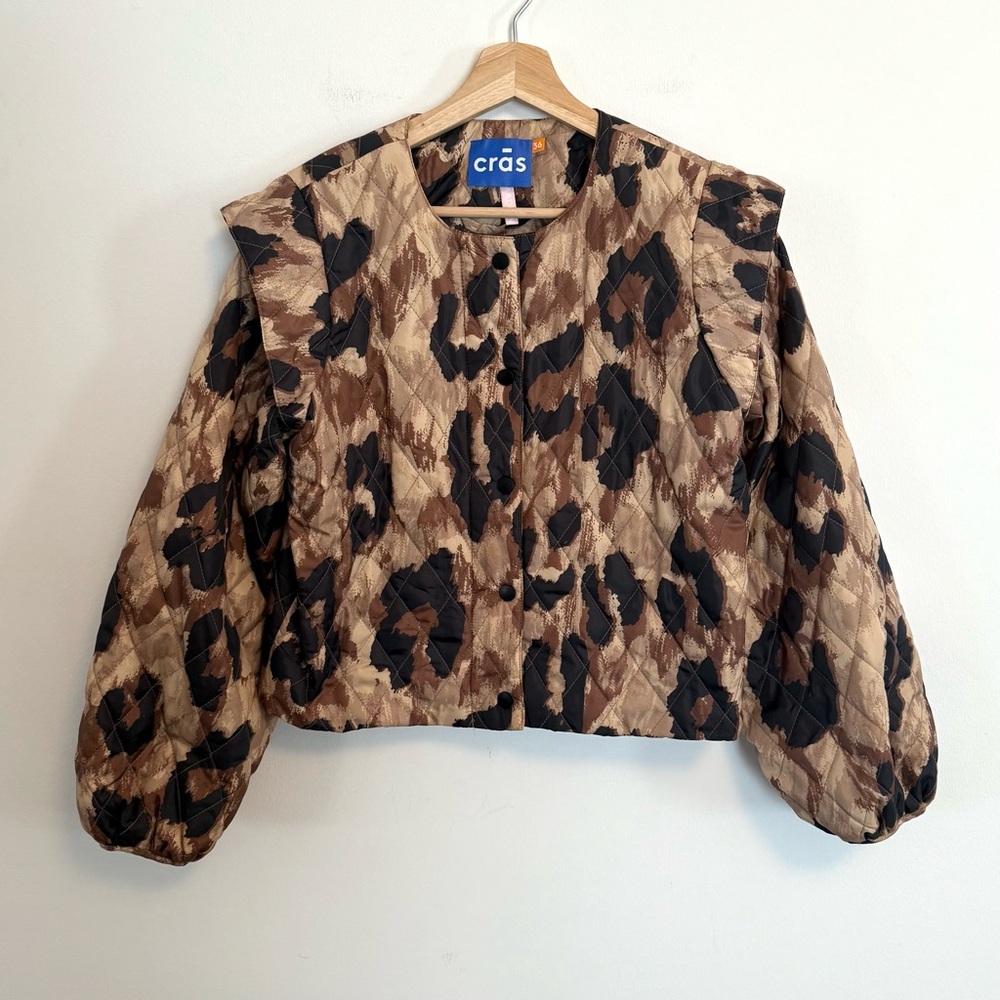 Cras Women Quiniecras Puffer Jacket Big Leo Brown Leopard Puff Sleeve Size 6/36